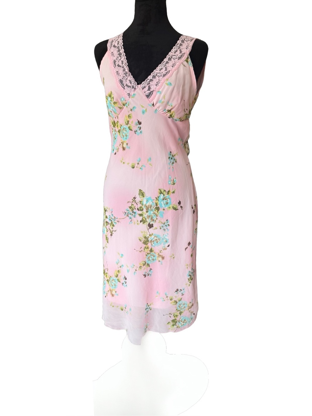 Y2K Rue21 Pink Floral Lace Trim Midi Dress M Made in USA Cottagecore